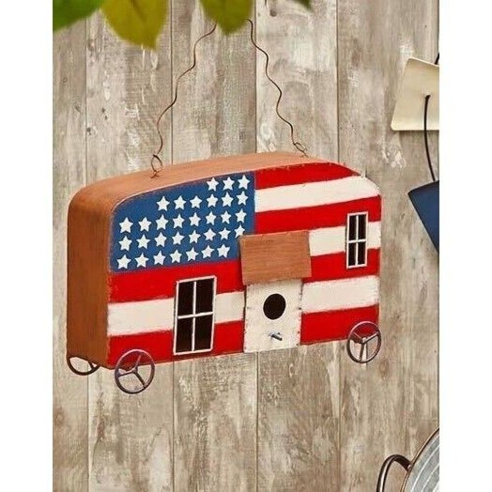 Patriotic Trailer Camper Birdhouse 15 x 10-inch Wheels Metal Stars Gift NEW